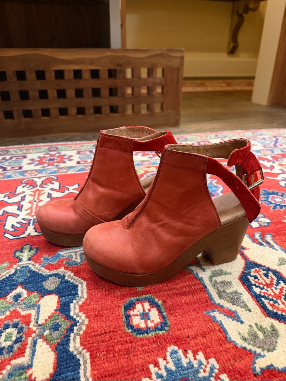 Free People Red Leather & Suede Platform Clog with Back Strap Size 39